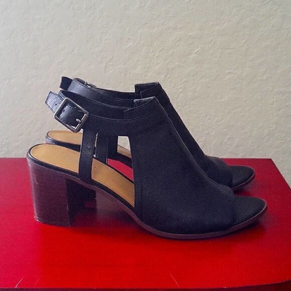 Franco Sarto Open Toe Mandi Block Heels Black Leather Shoes Women's 9.5 M - Picture 6 of 16